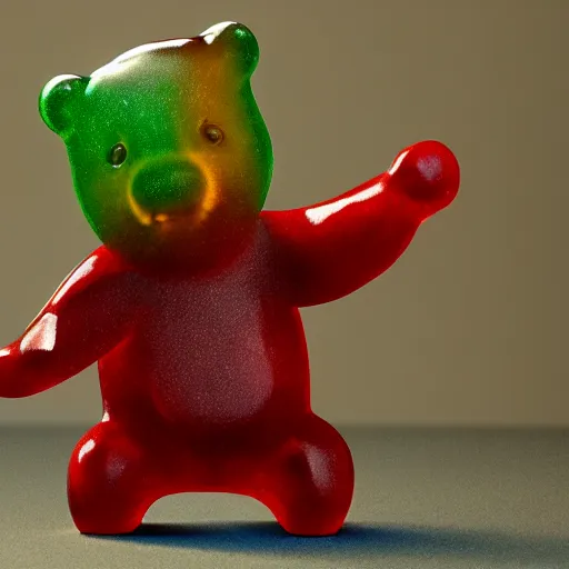 Image similar to a gummy bear dancing, 4 k, photorealistic