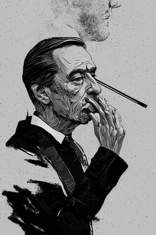 Prompt: hyperdetailed portrait of a man smoking a cigarette, by nicholas delort, artstation, smooth, graphic black and white. intricate, elegant, central composition, golden ratio,