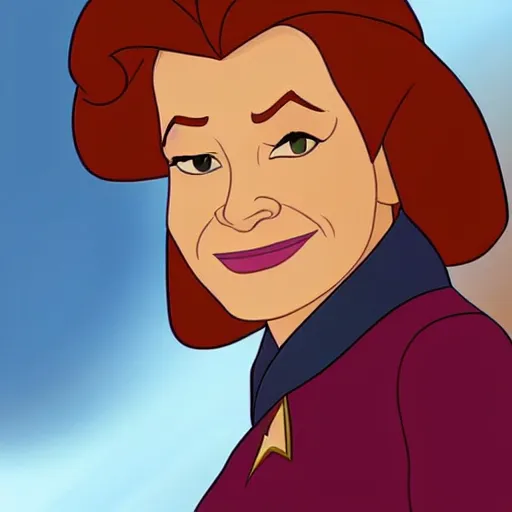 Image similar to captain janeway from star trek voyager in an animated disney movie. beautiful 2 d character art, high quality, detailed face