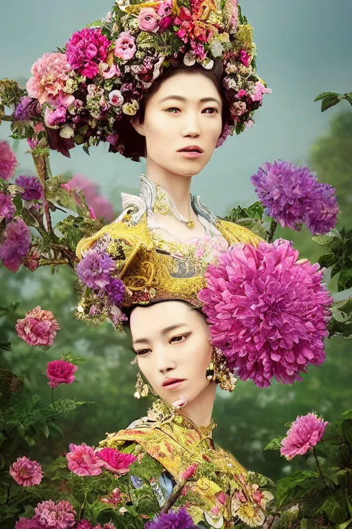 Image similar to a beautiful portrait of an empress in her garden, with a brilliant, impossible striking big flower headpiece, clothes entirely made out of flowers, symmetrical, closeup, dramatic studio lighting, rococo, baroque, jewels, asian, hyperrealism, D&D, fantasy, intricate, elegant, highly detailed, digital painting, artstation, octane render, 8k, concept art, matte, sharp focus, illustration, art by Artgerm and Greg Rutkowski and Alphonse Mucha