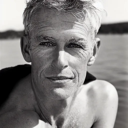 Image similar to a beautiful professional photograph by herb ritts and ellen von unwerth for vogue magazine of a beautiful lightly freckled and unusually attractive and handsome middle - aged male fashion model looking at the camera in a flirtatious but intelligent and thoughtful way, leica 5 0 mm f 1. 8 lens