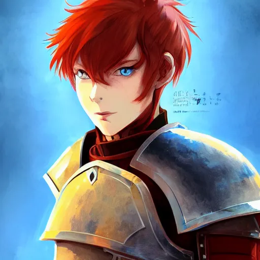 Image similar to portrait of a young redheaded man with blue eyes and wearing a armor, medieval background, highly detailed, digital painting, artstation, matte, by makoto shinkai, animation style, studio ghibli, anime key visual