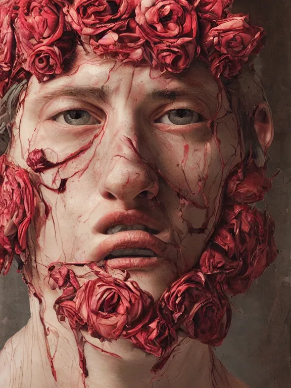 Image similar to twisted head, head made of roses, portrait by jenny saville