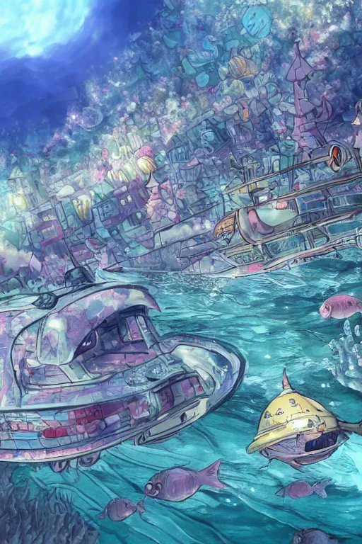 Image similar to a beautiful picture of a city under the sea ， fish shuttle, anime, detailed, 8 k