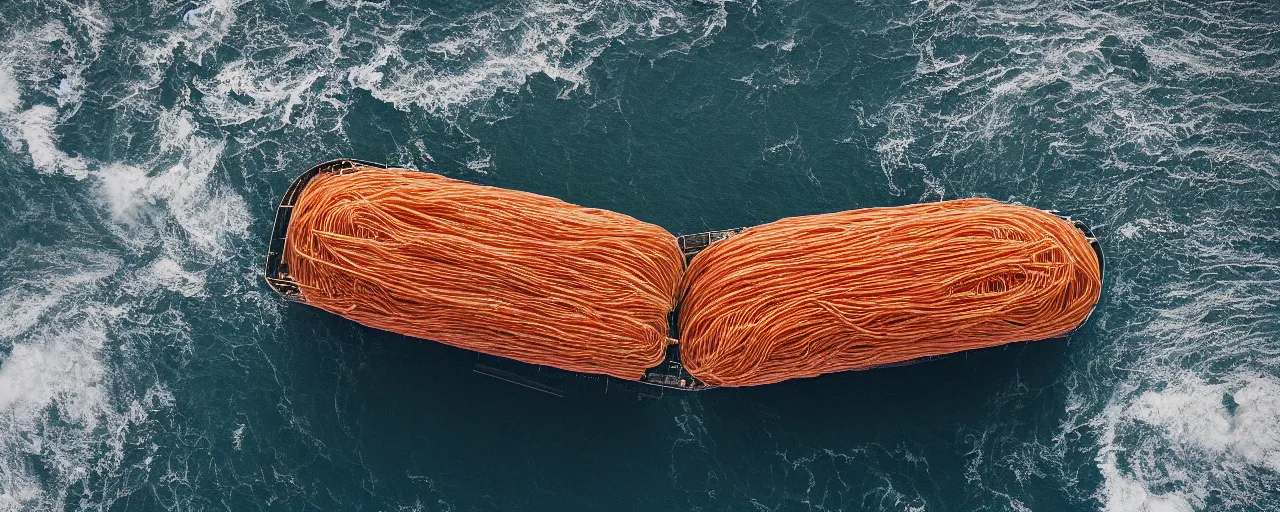 Image similar to an overhead image of a cargo ship transporting mounds of spaghetti, in the middle a hurricane,, canon 5 0 mm, cinematic lighting, photography, retro, film, kodachrome