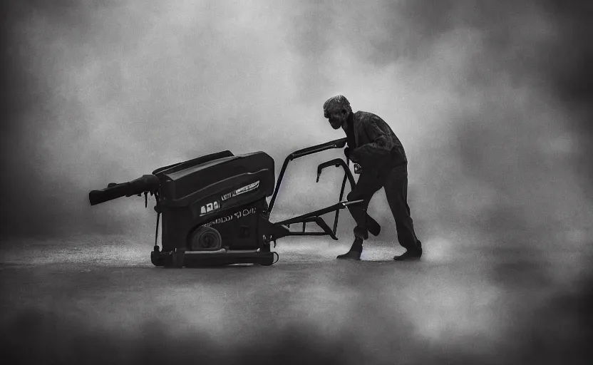 Prompt: a photographic portrait by Annie Leibovitz of man using a pallet jack, closeup, foggy, sepia, moody, dream-like, sigma 85mm f/1.4, 15mm, 35mm, 4k, high resolution, 4k, 8k, hd, full color