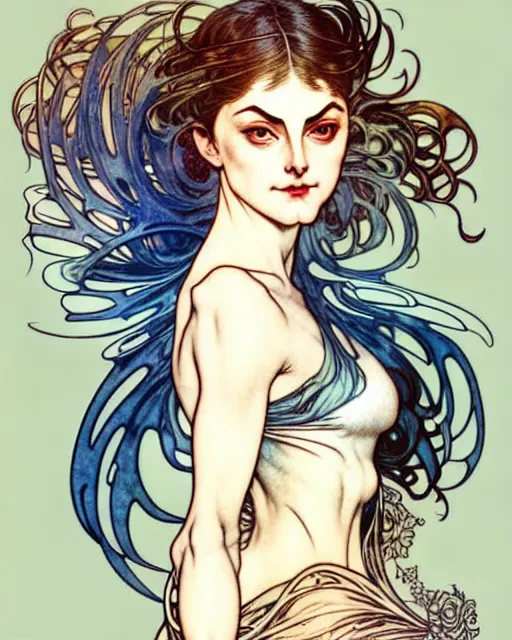 Image similar to in the style of artgerm, arthur rackham, alphonse mucha, phoebe tonkin, symmetrical eyes, symmetrical face, flowing blue skirt, full entire body, hair blowing, intricate filagree, hidden hands, warm colors, cool offset colors