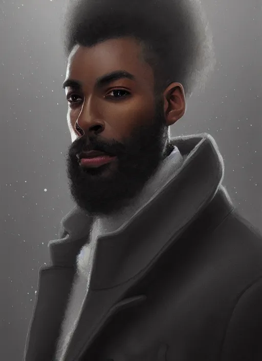 Image similar to portrait of handsome black man wearing grey peacoat, luxury townhome interior, beard, wealth and luxury, elegant atmosphere, glowing lights, highly detailed, digital painting, artstation, concept art, smooth, sharp focus, illustration, art by wlop, mars ravelo and greg rutkowski