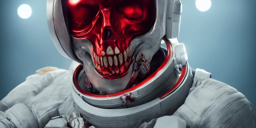 Image similar to ornate red skull in astronaut suit, gold linens, cinematic lighting, dramatic, octane render, long lens, shallow depth of field, bokeh, anamorphic lens flare, 8k, hyper detailed