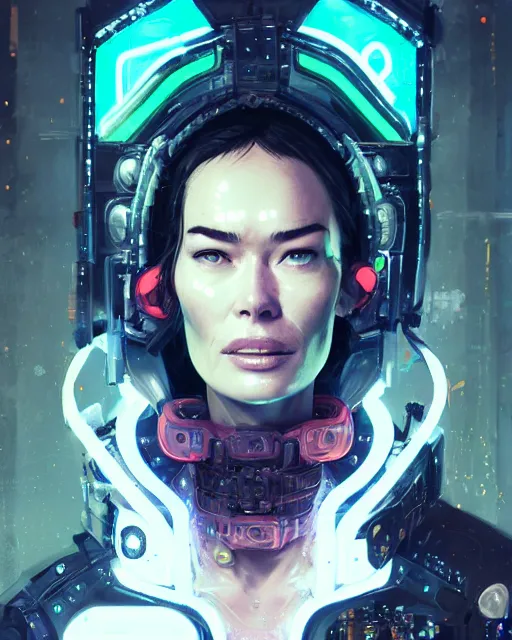 Prompt: neon operator, lena headey, cyberpunk futuristic neon, reflective puffer jacket, decorated with traditional japanese ornaments by ismail inceoglu dragan bibin hans thoma greg rutkowski alexandros pyromallis nekro rene maritte illustrated, perfect face, fine details, realistic shaded, fine - face, pretty face