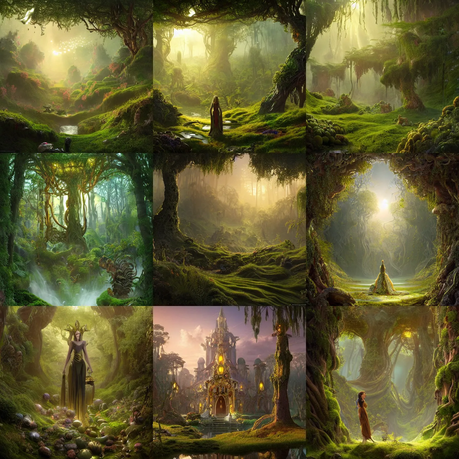 Prompt: polished decadent ornate masterpiece : fantasy with earth forest and meadow magic, at gentle dawn green light, weta disney pixar movie still photo : : hi - fructose, sci fi, fantasy, highly - detailed digital painting, golden ratio, accent lighting, octane render, artstation, smooth, sharp focus, beeple, rutkowski, mucha