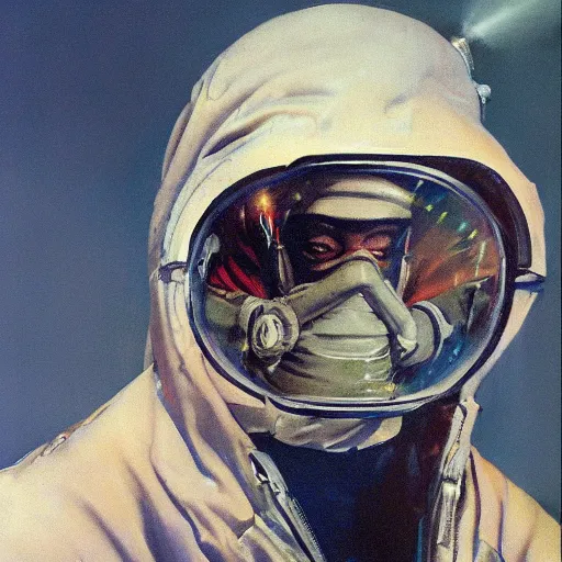 Prompt: portrait of a scientist in a hazmat suit entering the prism dimension by frank frazetta