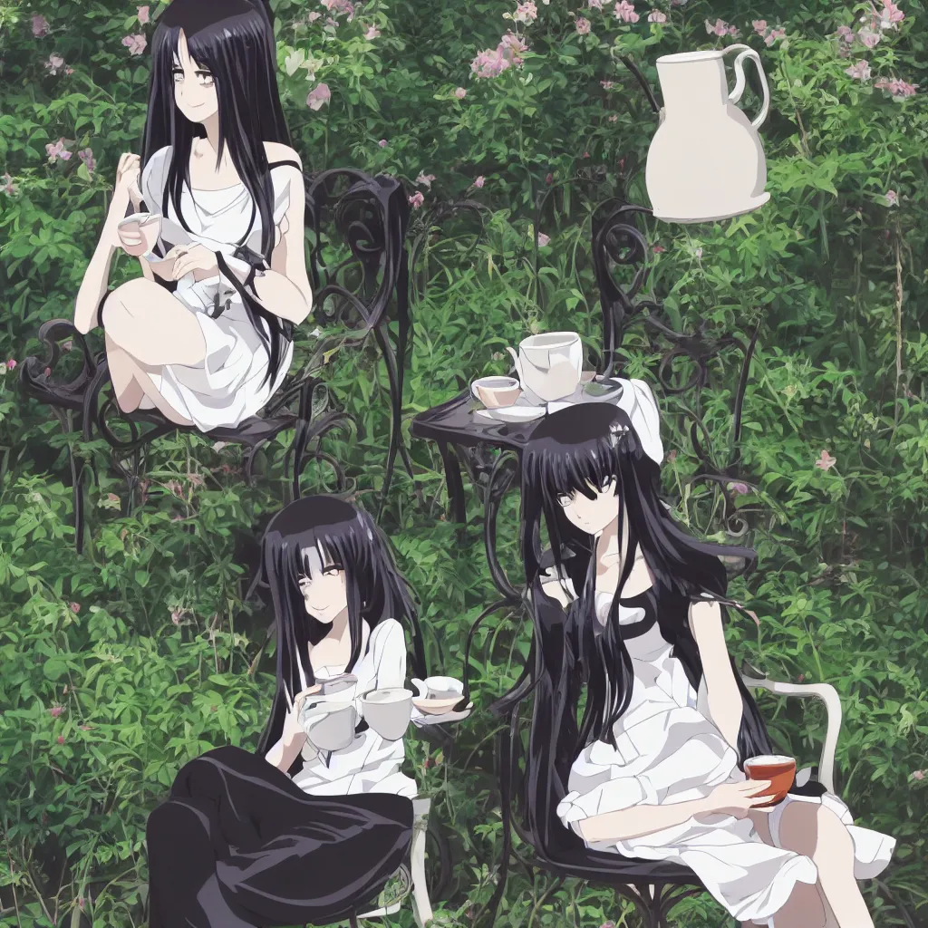 Prompt: A pale skin, long black hair, grey eyes girl wearing a black dress, sitting on a chair in the middle of a garden and holding a tea cup, anime style