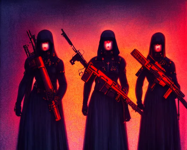 Prompt: three soldiers with beautiful faces, wearing psychedelic wicca, in uniform dresses, red neon weapons, full body, dark and mysterious, atmospheric, ominous, eerie, cinematic light, epic, 8 k 3 d, ultra detail, ultra realistic, by wlop, by mucha, by giger