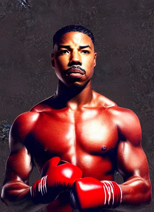 Prompt: Portrait of Micheal B Jordan with red boxing gloves, He is shirtless punching captain america, realistic, detailed, 4k by Greg Rutkowski Mark Arian trending on artstation