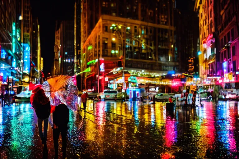 Image similar to canon, 30mm, bokeh, city at night, raining, reflections, people with umbrellas, neon lights