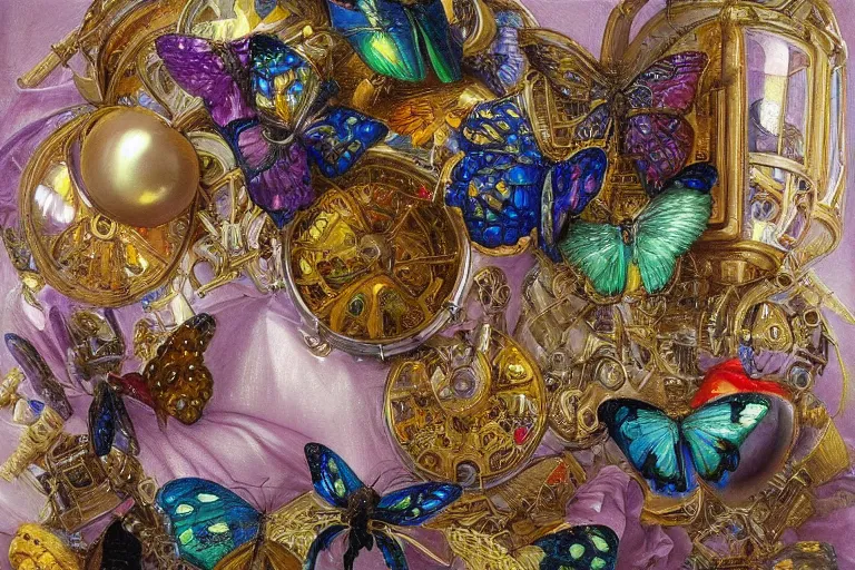 Prompt: beautiful detailed still life of bejeweled mechanical butterflies, by Donato Giancola and Vermeer | iridescent embroidered silk wings | tiny cabochon gems | featured on Artstation | unreal engine