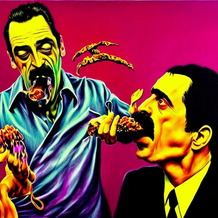 Image similar to bright psychedelic mike patton eating frank zappa who is puking hitler, puke, rotten, screaming, diffuse lighting, fantasy, intricate, elegant, highly detailed, lifelike, photorealistic, digital painting, artstation, illustration, concept art, smooth, sharp focus, art by francis bacon