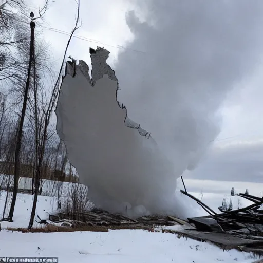 Image similar to a large funnel formed on the territory of the Russian village house in Russia as a result of a rocket hit