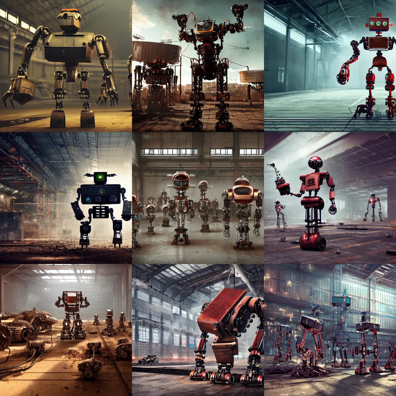 Prompt: robot mad scientist constructing robot warriors in a huge rusty warehouse, digital art, octane render, 4 k, 8 k, 3 2 k uhd