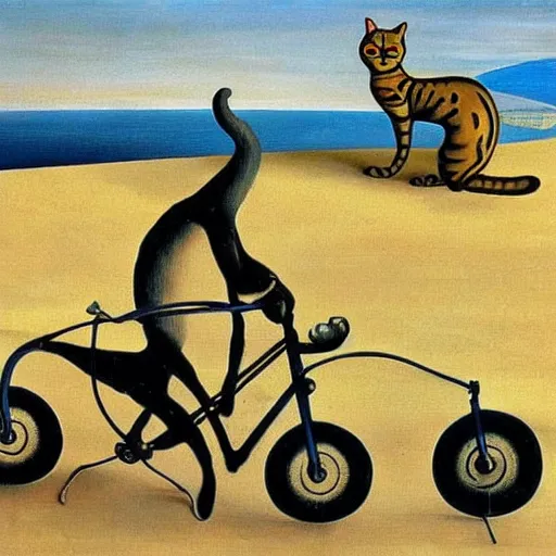 Image similar to a cat riding a bicycle, painting by salvador dali