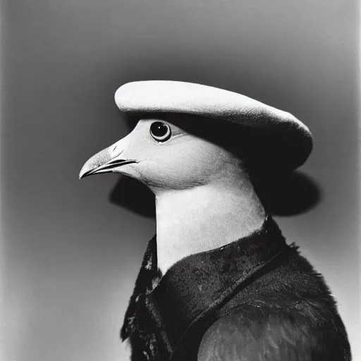 Prompt: wide-shot very low-angle eyesight photo of a pigeon in a hat at the street in New York, polaroid photo, by Andy Warhol, signed