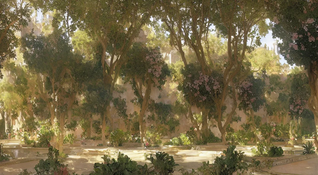 Prompt: A beautiful landscape painting of the the gardens of the real alcazar seville, by Alfons Maria Mucha and Julie Dillon and Makoto Shinkai