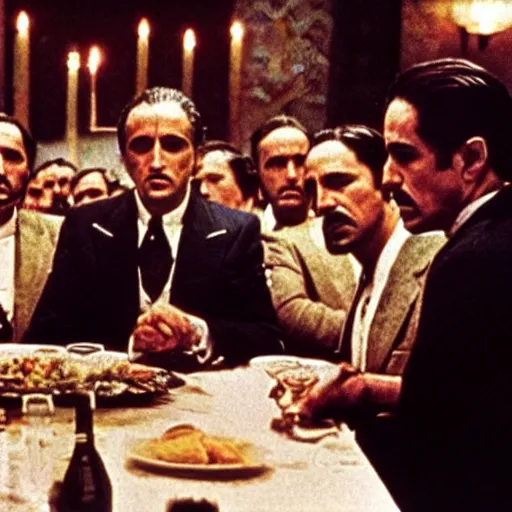 Image similar to the last supper in the godfather movie, Jesus wearing suit, intense scene