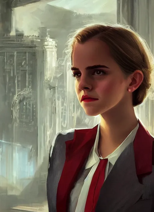 Image similar to portrait of teenage emma watson, long haircut, flowing blonde curly hair, white shirt, red tie, smiling kindly, soviet house at background, 1 9 8 0 s, intricate, elegant, glowing lights, highly detailed, digital painting, artstation, concept art, smooth, sharp focus, illustration, art by wlop, mars ravelo and greg rutkowski