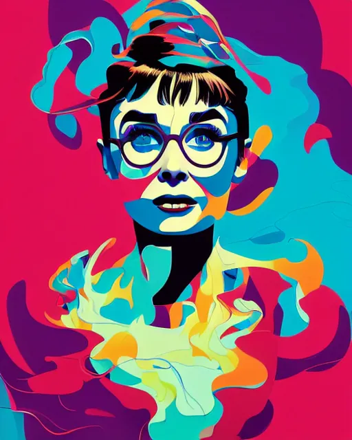 Prompt: audrey hepburn in a chaotic storm of twisting liquid smoke portrait, by tom whalen, liam brazier, peter mohrbacher, artgerm, shattered glass, bubbly underwater scenery, radiant light