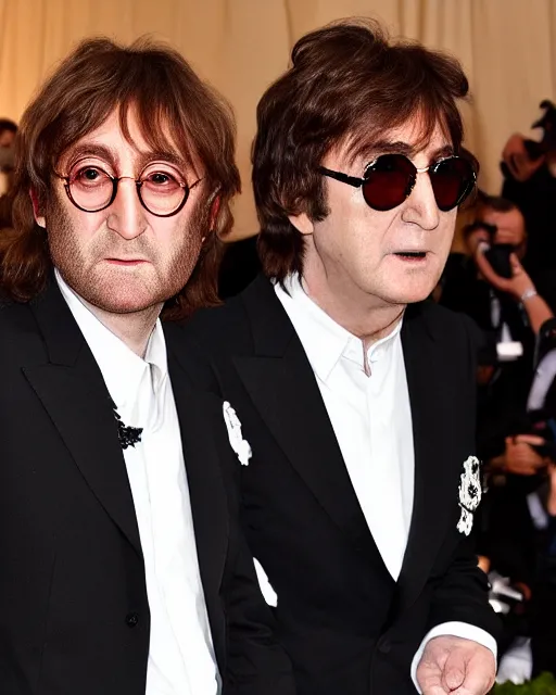 Prompt: genetic combination of john lennon and paul mccartney, photographed at met gala, dynamic lighting, ultra detailed