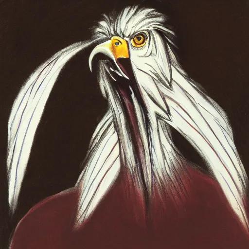 Prompt: human / eagle hybrid with one big beak, drawn by francis bacon