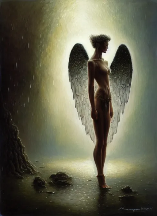 Image similar to an angel standing in front of man in rain, fine art, intricate, elegant, highly detailed, realistic hair, centered, digital painting, art station, conceptual art, soft, sharp focus, illustration, artwork, artgerm, tomasz alen kopera, peter mohrbacher, donato giancola, wlop, boris vallejo