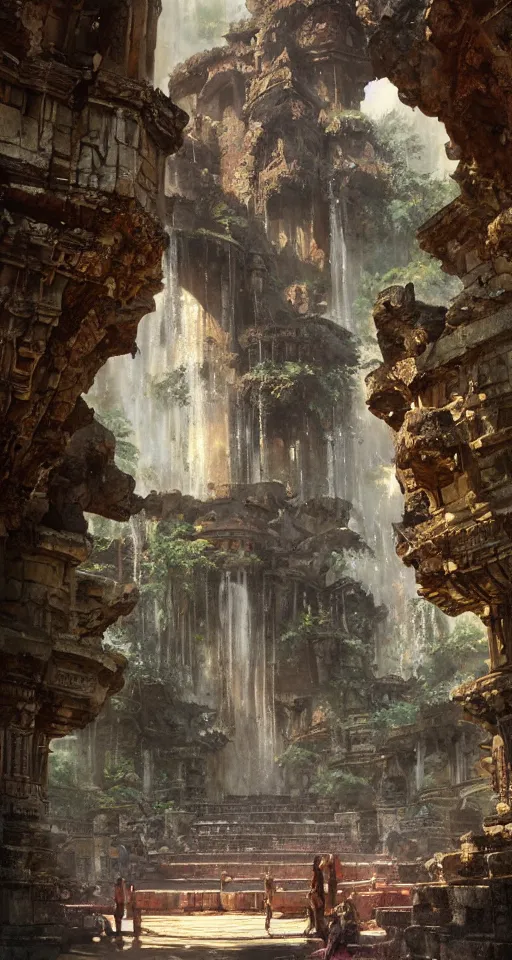 Prompt: looking up at ancient temple ruins interior, waterfall, huge statues, intricate, elegant, vivid colors, highly detailed, john park, craig mullins, sparth, ruan jia, jeffrey catherine jones