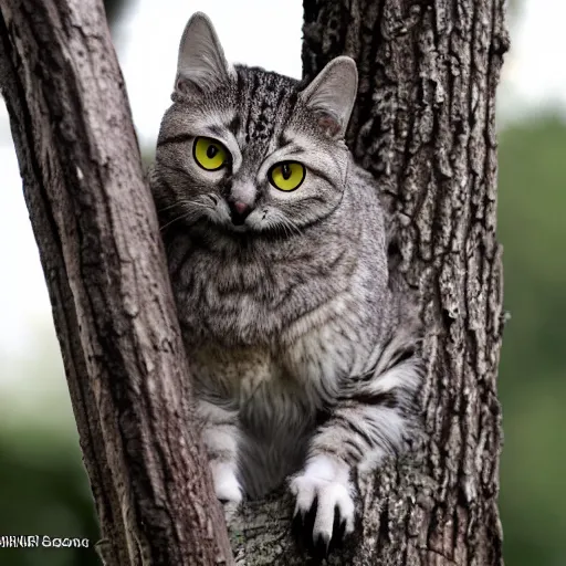 Prompt: cat owl hybrid perched on a tree