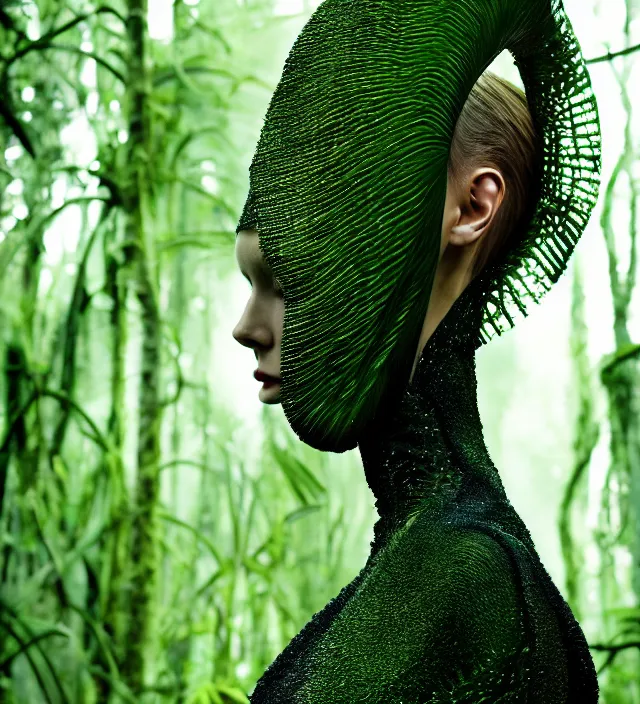 Image similar to photography portrait of one female fashion model in rainforest, wearing one organic futurist dress designed by iris van herpen,, photography by paolo roversi nick knight, helmut newton, avedon, and araki, sky forest background, natural pose, highly detailed, skin grain detail