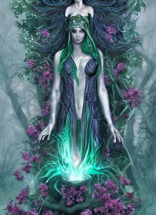 Image similar to portrait of Sarah Michelle Gellar as a everreaching Goddess of despair, a futuristic diety, inside future fighter, sci-fi, fantasy, intricate, lush garden spaceship with sakura season flowers, elegant, human anatomy, royal green and nature light, highly detailed, digital painting, artstation, concept art, smooth, sharp focus, illustration, art by tian zi and WLOP and alphonse mucha, masterpiece, 3d blender