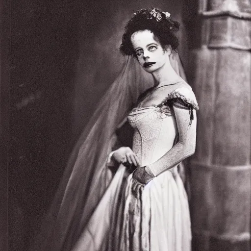 Prompt: dslr photo portrait still of young elsa lanchester as the bride, frankenstein, by gustave dore, 8 5 mm, f 1. 8,