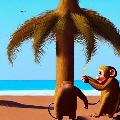 Image similar to two monkeys on the beach drinking coffee, pixar style