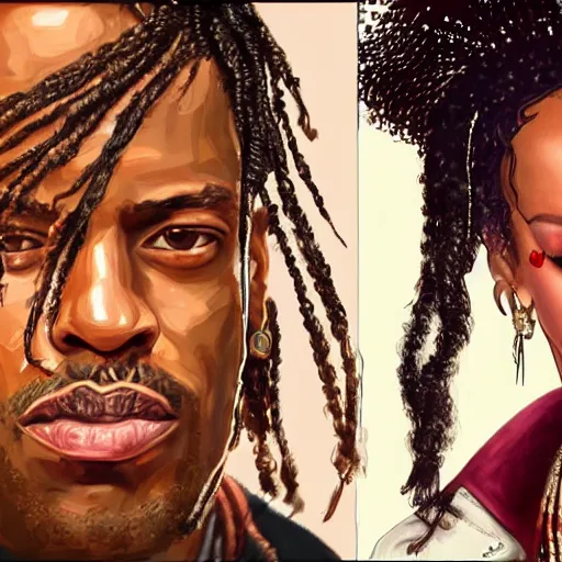 Image similar to rihanna and travis scott in rdr 2, trending on artstation, hyperdetalied, realistic,