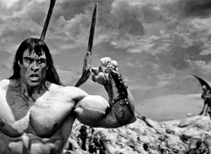 Image similar to still of muscular gigachad in conan the barbarian directed by frank frazetta, high resolution