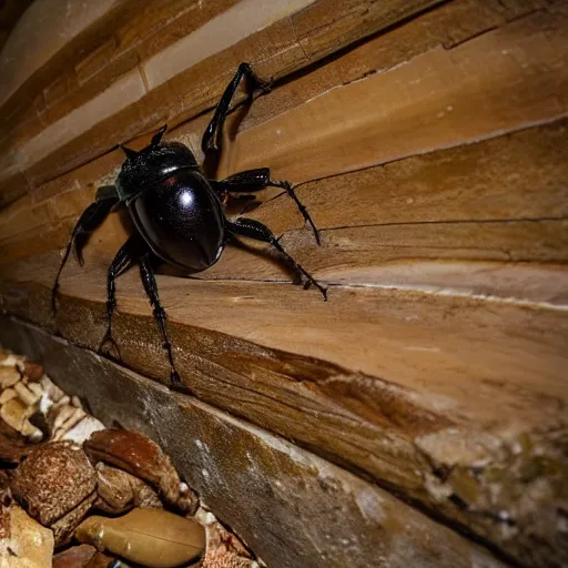 Prompt: photograph of a giant boring beetle destroying a wine cellar