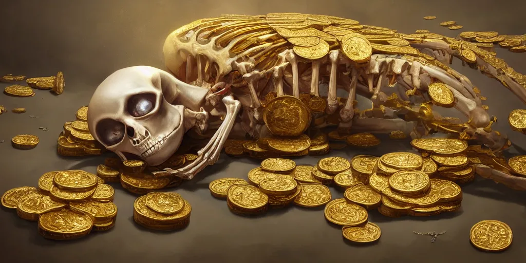 Image similar to concept art of a skeleton laying in the middle of golden coins and precious jewels, pearl, rubi, diamonds, painting by wlop, nixeu and greg rutkowski, beautiful, semirealism, artstation, octane render, oil painting, sharpness, 8 k, golden ratio