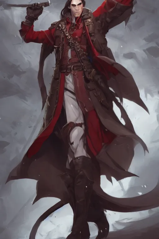 Prompt: full body low angle shot of an intimidating male dhampir in the style of Pathfinder by Cushart Krenz and Artgerm , handsome face, long coat, long dark hair, red eyes, low angle shot, highly detailed, trending on artstation, cgsociety, 4k, 8k, HDR, octane render, unreal engine