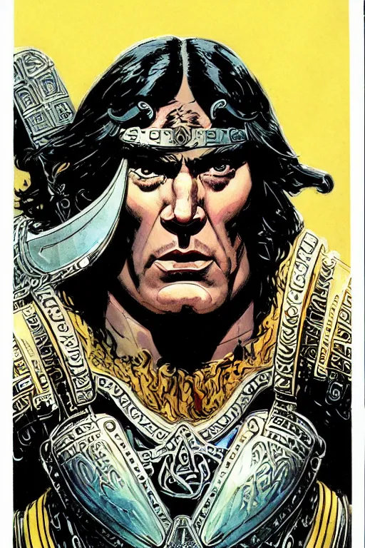 Image similar to a stunning and hypnotic full-color futuristic art nouveau styled action portrait of conan as a stoic barbarian king with stony and condemning eyes, extremely detailed and brusque swarthy facial structure, rune-engraved armor, perfectly symmetrical facial structure and linework, proud and honorable facial characteristics, by bill sienkiewicz, michael kaluta, michael whelan and travis charest, dark sci-fantasy, deep complexity, precisely accurate male muscle anatomy, muscular male hero, RPG character concept, photorealism, spectacular framing, minimalist lighting, hyperrealism, 8k