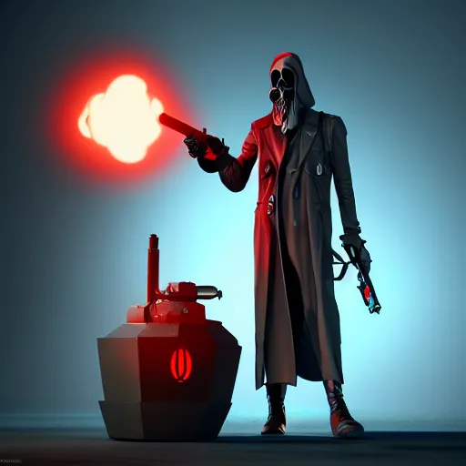 Image similar to atompunk grim reaper, character design, high quality digital art, render, octane, redshift, volumetric lighting, oled