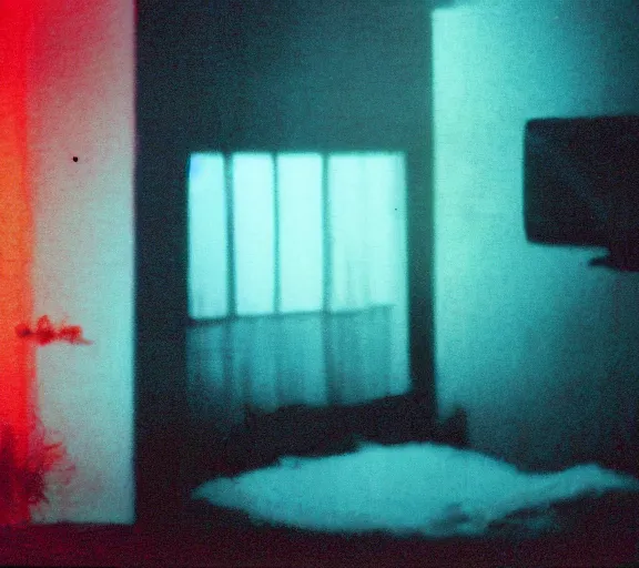 Prompt: a dark silhouette inside a bedroom at night, 90s vhs footage