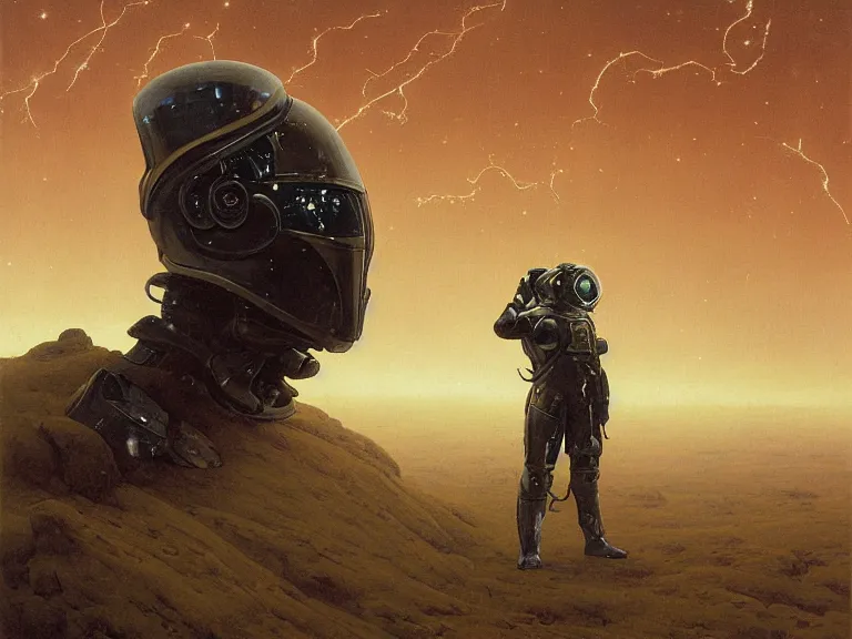 Prompt: a detailed profile oil painting of a lone bountry hunter in a space armour with reflective helmet, cinematic sci-fi poster. technology flight suit, bounty hunter portrait symmetrical and science fiction theme with lightning, aurora lighting clouds and stars by beksinski carl spitzweg and tuomas korpi. baroque elements, full-length view. baroque element. intricate artwork by caravaggio. Trending on artstation. 8k