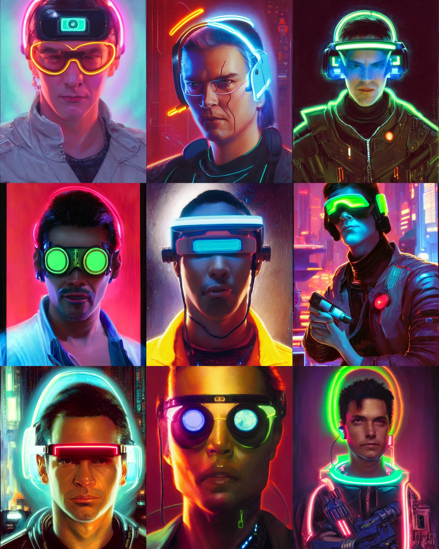 Prompt: neon cyberpunk hacker with glowing geordi visor and headset headshot portrait painting by donato giancola, kilian eng, john berkley, hayao miyazaki, j. c. leyendecker, mead schaeffer fashion photography