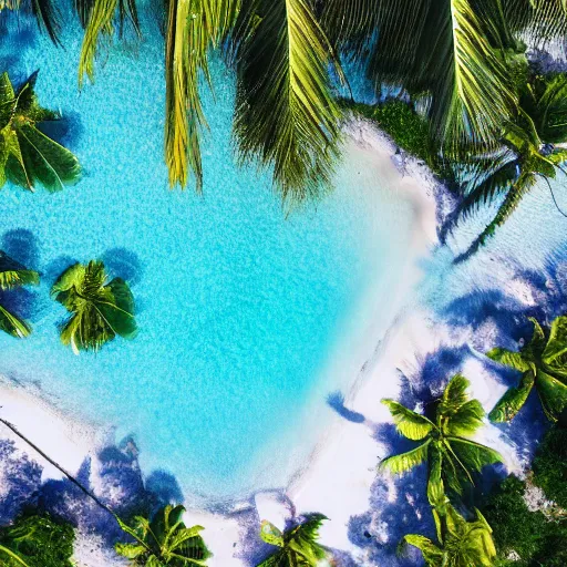 Image similar to high quality color aerial view photo of a tropical island with a sparkling pool and palm tree leaves on the edges, pastel faded effect, synthwave colors